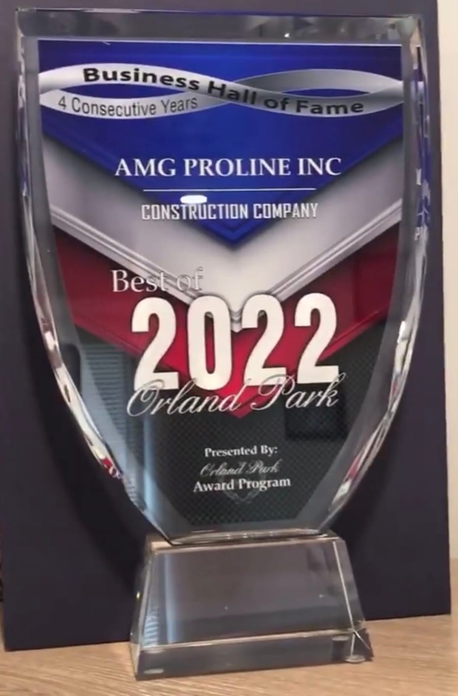 Best of 2022 Orland Park Business Hall of Fame trophy awarded to AMG Proline Inc in the Construction Company category