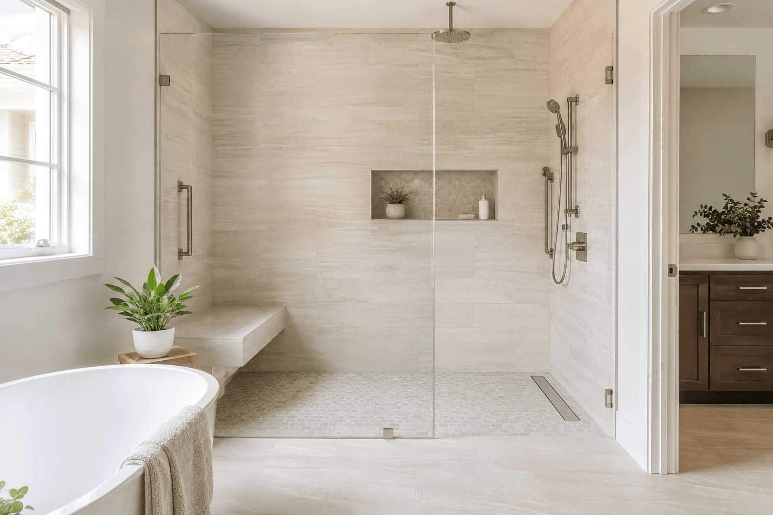Accessible curbless walk-in shower with built-in bench, handheld showerhead, grab bars, and nonslip tile