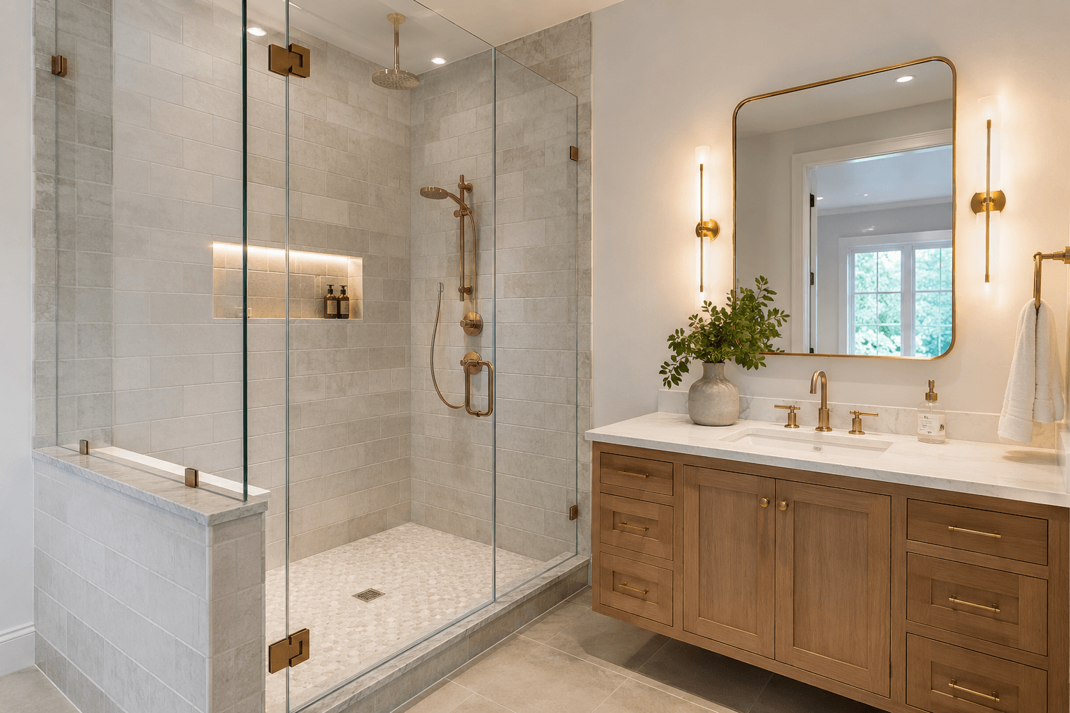 Custom walk-in shower remodel with frameless glass, tiled walls, niche, and modern fixtures