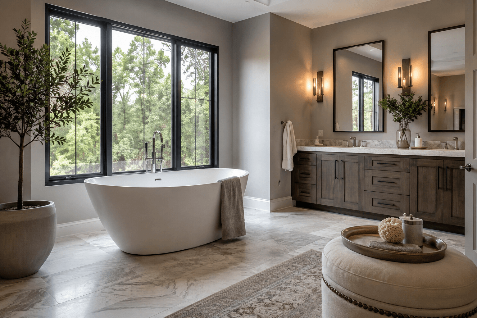 Luxury bathroom with a freestanding bathtub, double vanity, natural light, and upscale finishes