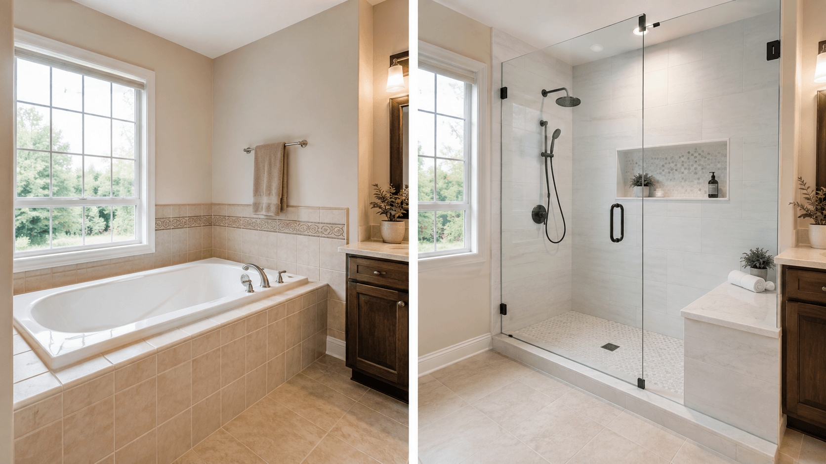 Tub-to-shower conversion showing an older bathtub replaced with a modern walk-in shower