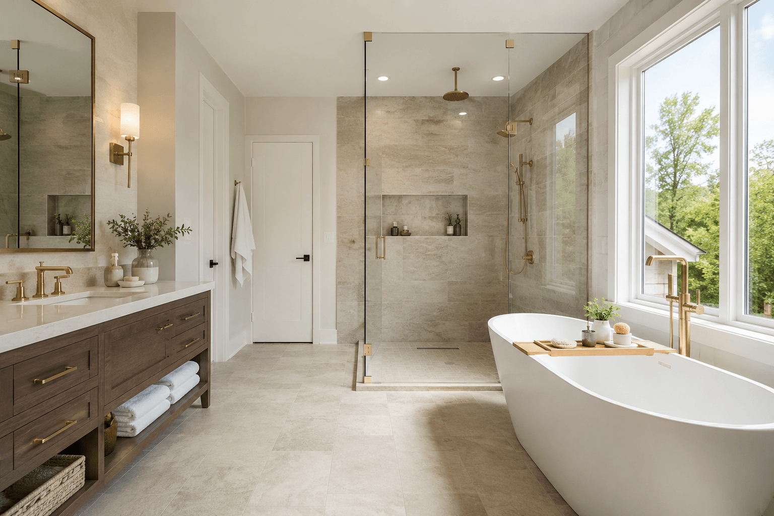 Bathroom with a modern freestanding bathtub and separate frameless walk-in shower
