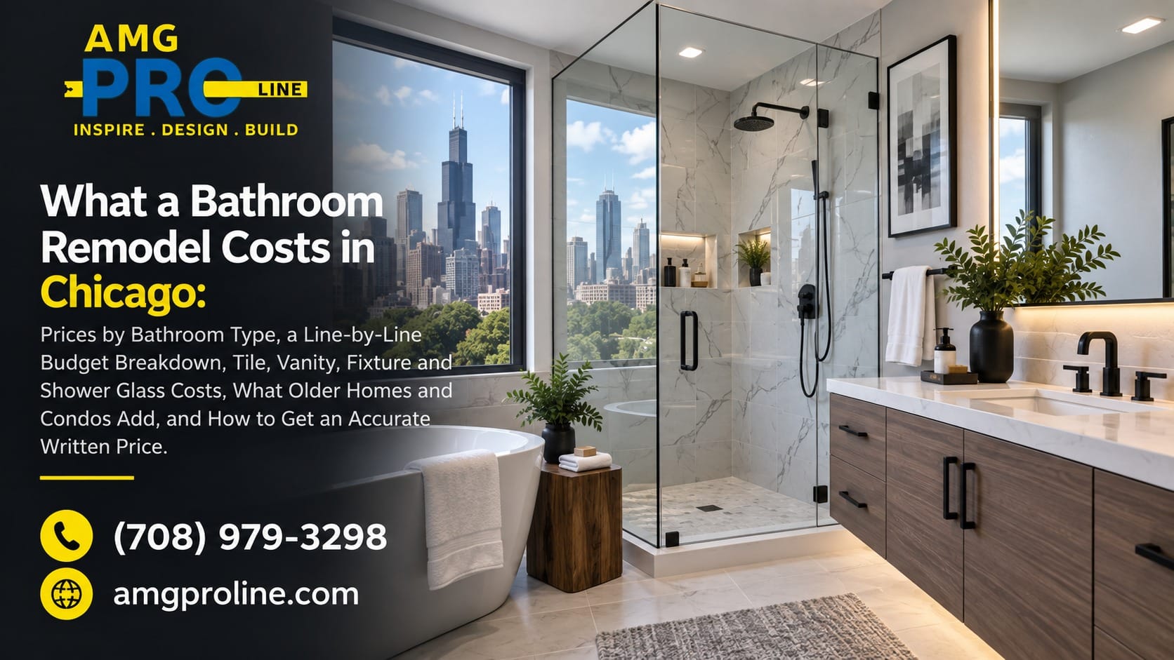 What a bathroom remodel costs in Chicago, shown with a remodeled bathroom featuring a freestanding tub, glass walk-in shower, marble tile and a floating vanity with a city skyline view