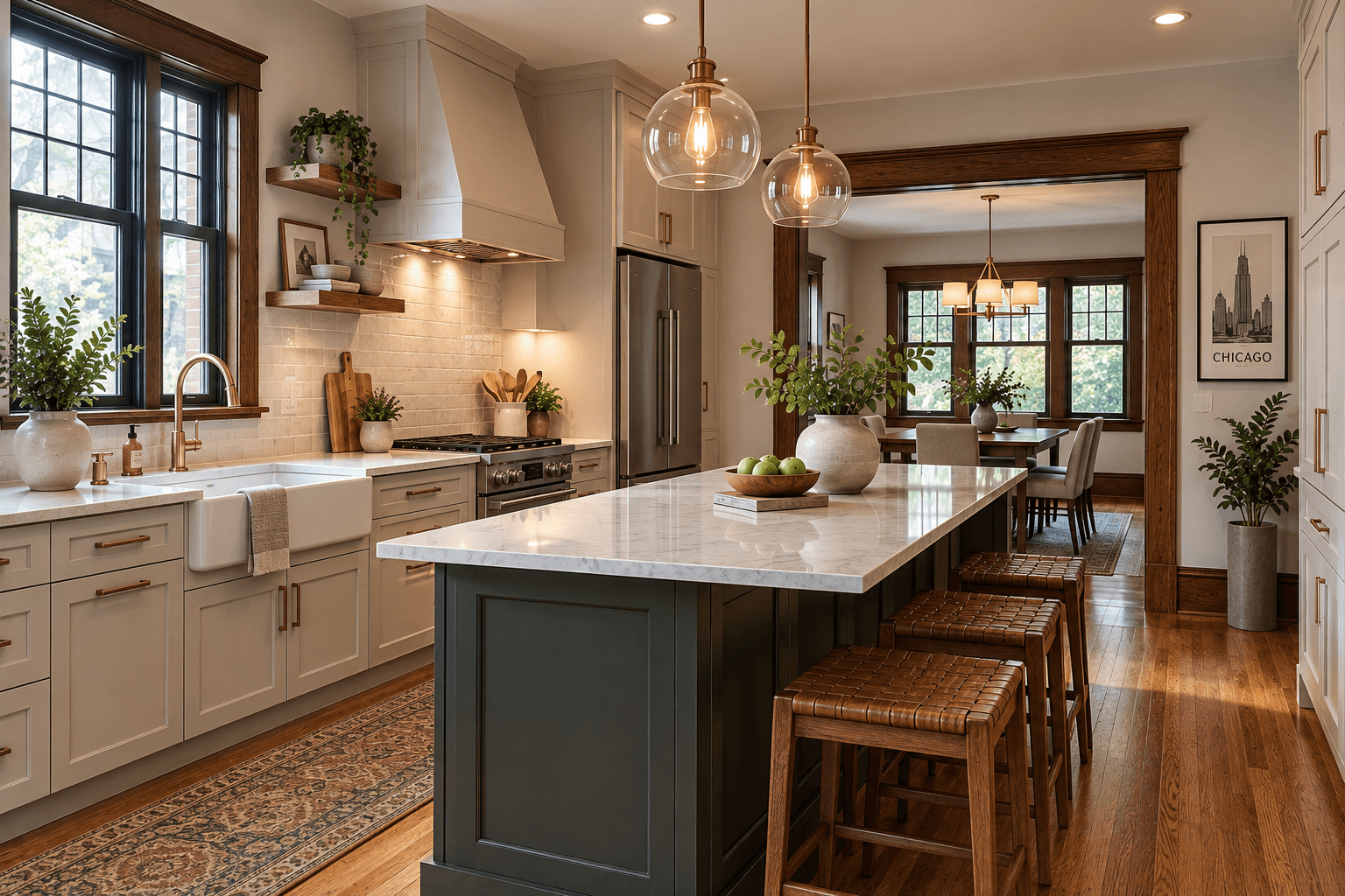 Chicago bungalow kitchen remodeling with custom cabinetry, island, and preserved original wood details