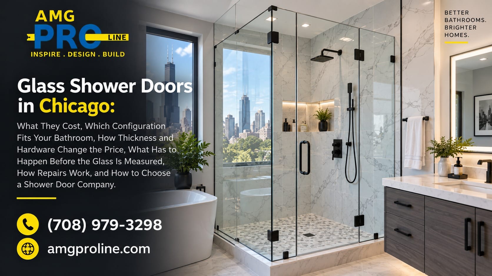 Frameless glass shower doors in a Chicago bathroom, with marble tile walls, black hardware, a pebble shower floor and a city skyline view