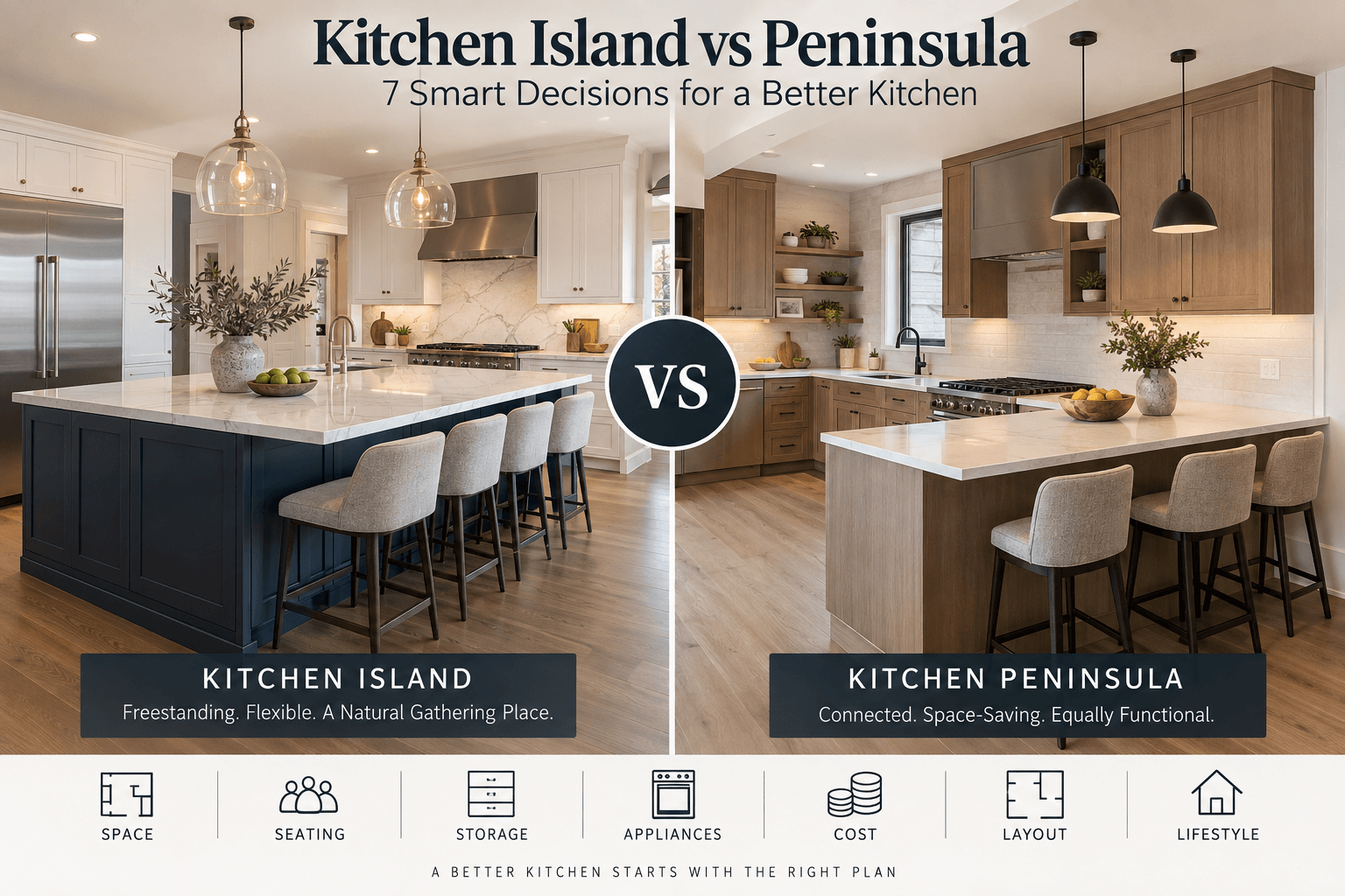 Kitchen island vs peninsula comparison showing two modern kitchen layouts for Chicago homeowners