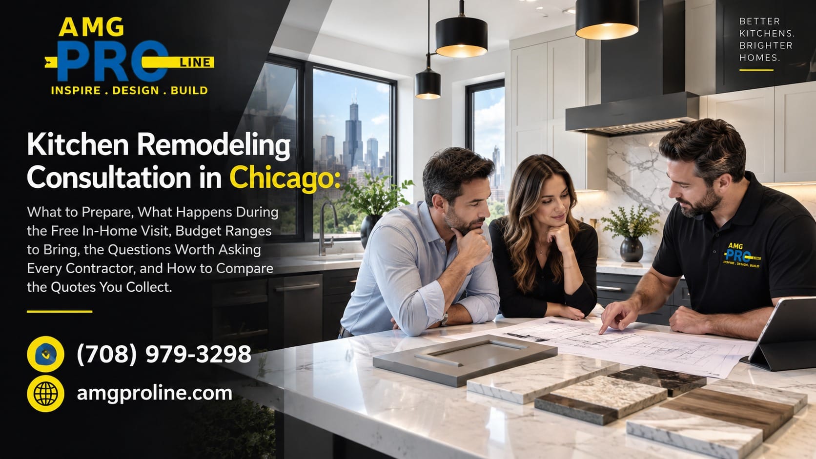 Kitchen remodeling consultation in Chicago with an AMG Proline contractor reviewing plans, cabinet samples and countertop slabs with homeowners at a kitchen island