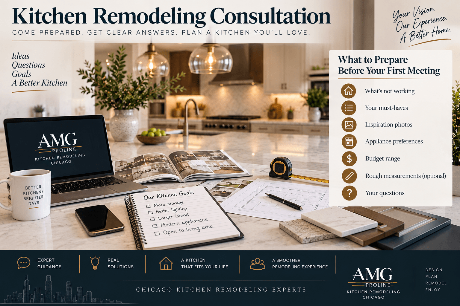 Kitchen remodeling consultation in Chicago with planning checklist, material samples, measurements, and design ideas