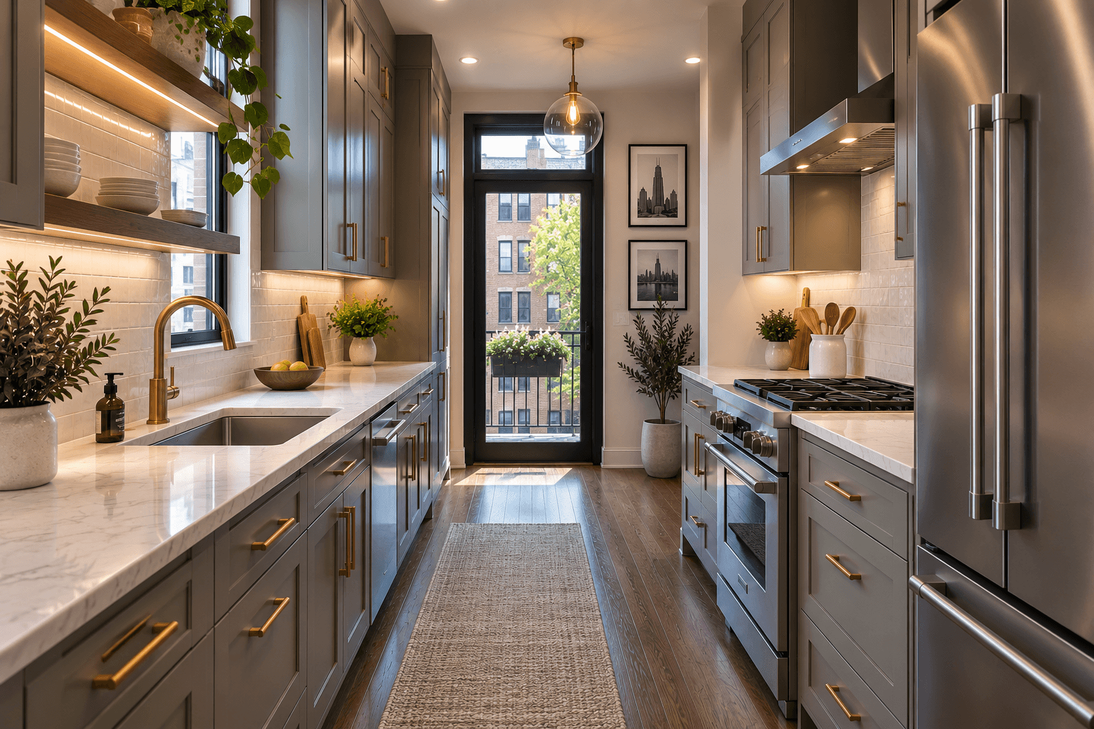 Small kitchen remodeling in Chicago with a narrow galley layout, custom cabinetry, and improved storage