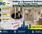 Basement bathroom renovation in a Chicago home featuring a modern bathroom, sewage ejector pit, building permit plans, and cost considerations by AMG PRO LINE.