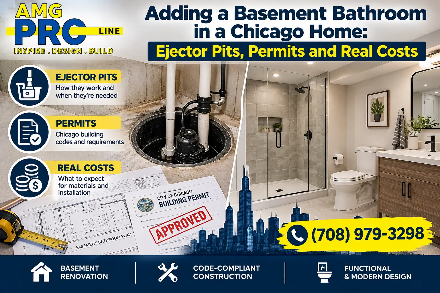Basement bathroom renovation in a Chicago home featuring a modern bathroom, sewage ejector pit, building permit plans, and cost considerations by AMG PRO LINE.