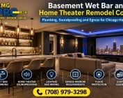 AMG Proline basement wet bar and home theater remodel in Chicago featuring plumbing, soundproofing, lighting, egress windows, and flood protection, call (708) 979-3298.