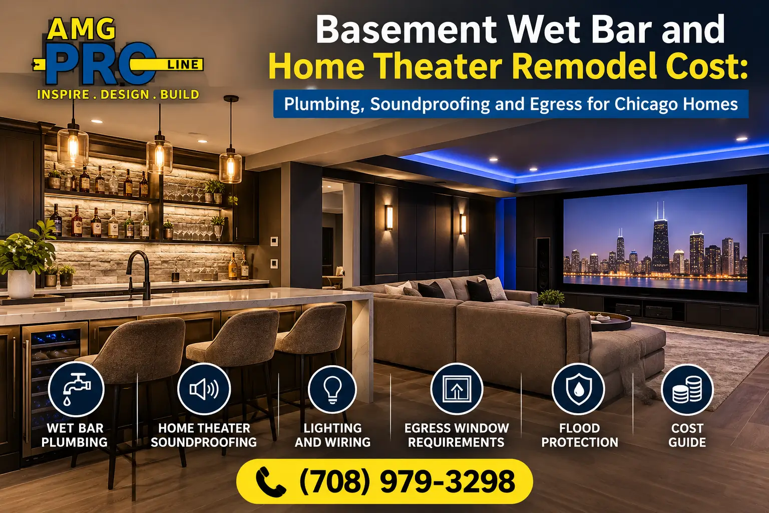 AMG Proline basement wet bar and home theater remodel in Chicago featuring plumbing, soundproofing, lighting, egress windows, and flood protection, call (708) 979-3298.