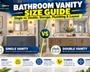 Modern bathroom showing double vanity, countertop, storage drawers and proper spacing around fixtures