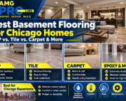 Finished Chicago basement with luxury vinyl plank flooring and modern living space