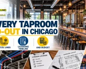 AMG Pro Line brewery taproom build-out in Chicago featuring an industrial-style bar, stainless steel brewing equipment, floor drains, glycol lines, licensing documents, construction blueprints, and the Chicago skyline.