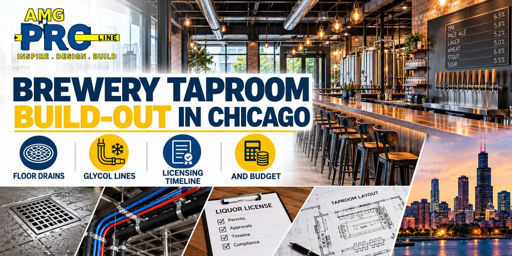 AMG Pro Line brewery taproom build-out in Chicago featuring an industrial-style bar, stainless steel brewing equipment, floor drains, glycol lines, licensing documents, construction blueprints, and the Chicago skyline.