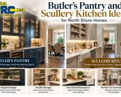 Butler’s pantry and scullery kitchen ideas for North Shore homes, featuring elegant dark cabinetry, glass-front storage, marble countertops, built-in shelving, and a functional prep kitchen by AMG Pro Line.
