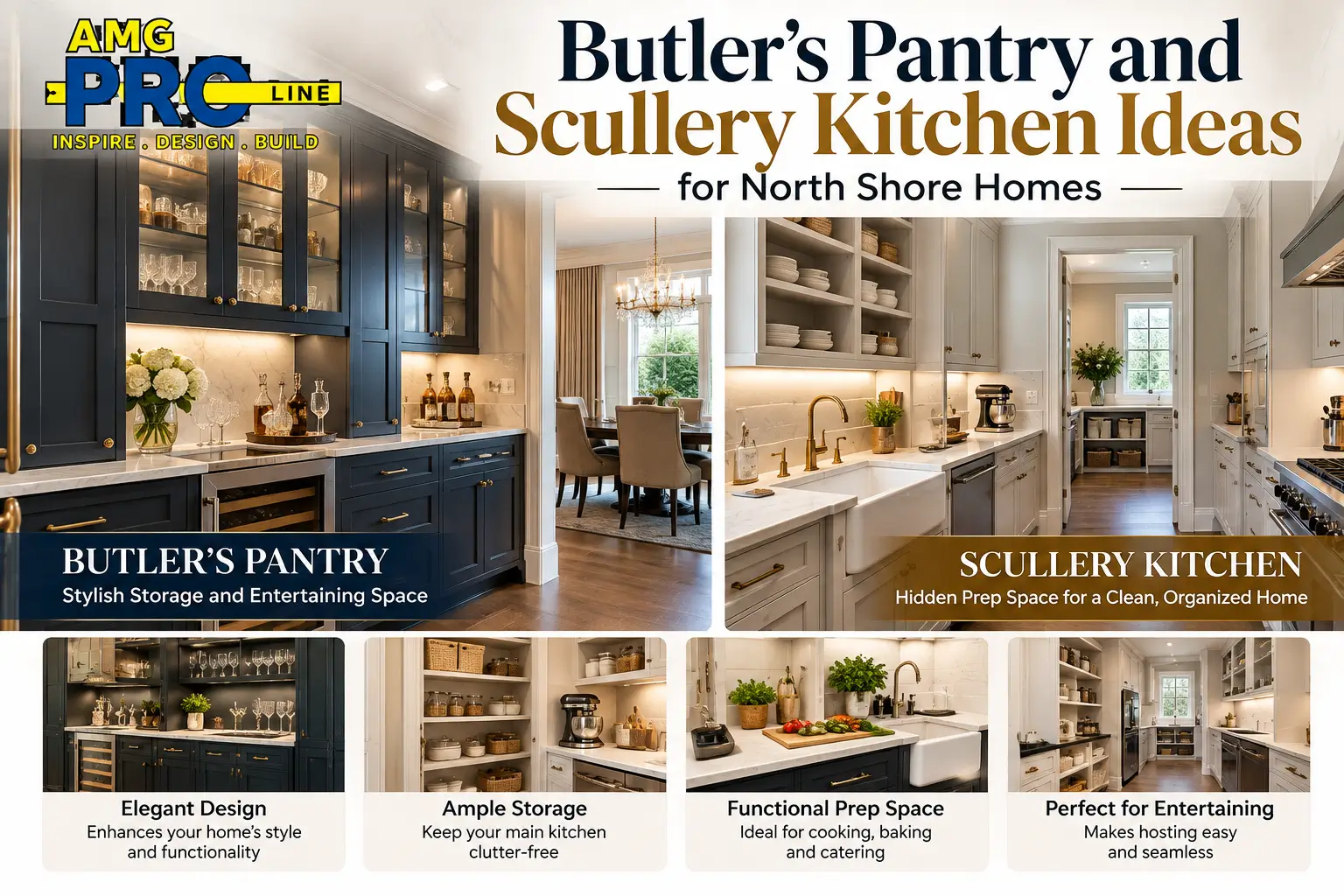 Butler’s pantry and scullery kitchen ideas for North Shore homes, featuring elegant dark cabinetry, glass-front storage, marble countertops, built-in shelving, and a functional prep kitchen by AMG Pro Line.