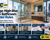 AMG ProLINE Chicago high-rise condo bathroom remodel featuring a luxury modern bathroom, with information on condo board approval, permitted work hours, water shutoffs, and contractor insurance requirements.