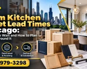 Custom kitchen cabinet lead times in Chicago featuring modern cabinetry, design plans, fabrication stages, delivery and installation by AMG Proline. Call (708) 979-3298.