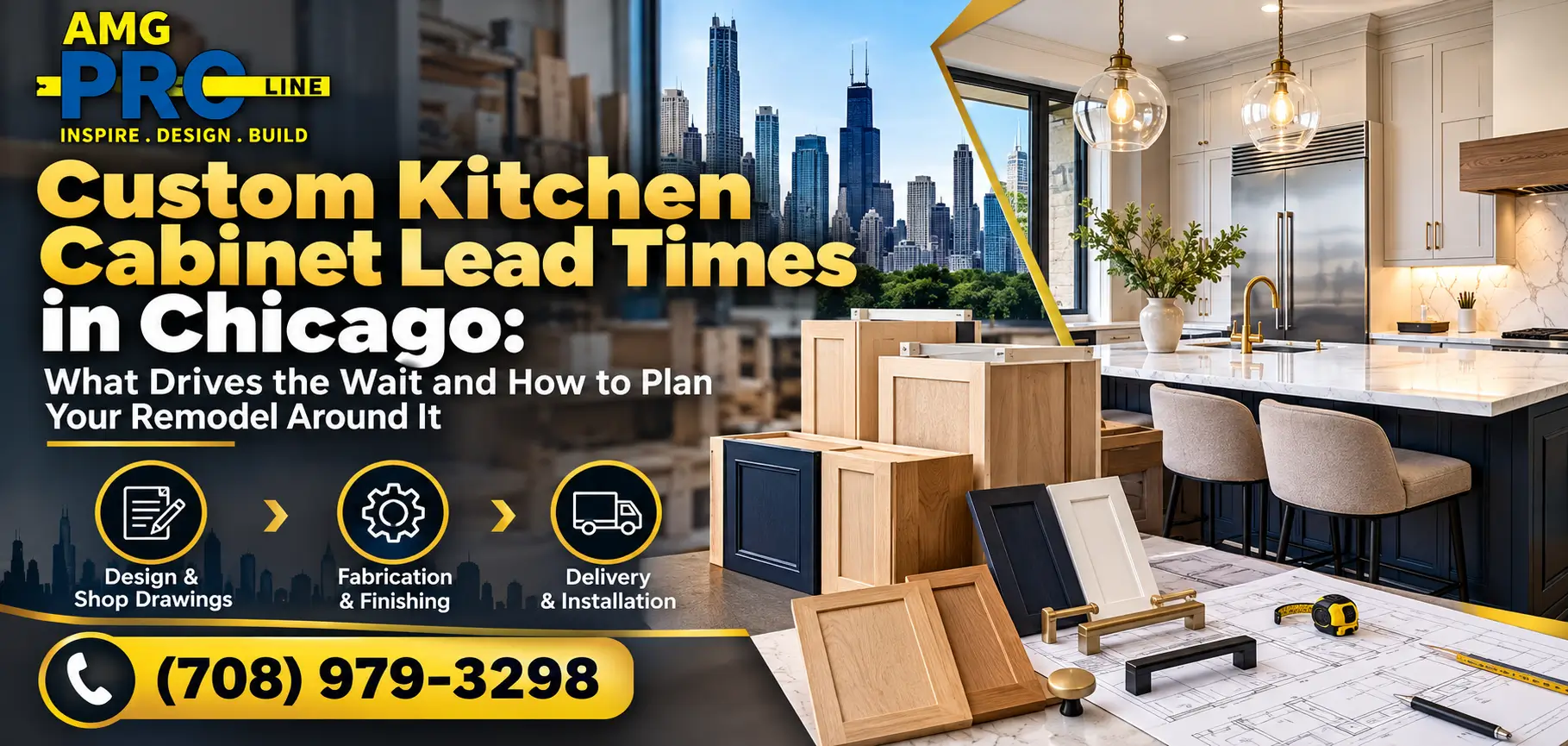 Custom kitchen cabinet lead times in Chicago featuring modern cabinetry, design plans, fabrication stages, delivery and installation by AMG Proline. Call (708) 979-3298.