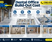 AMG PRO LINE dental office build-out in Chicago featuring dental operatory equipment, plumbing installations, X-ray shielding, equipment rough-ins, and commercial construction planning. Call (708) 979-3298.
