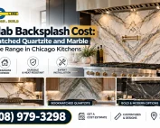 Full slab backsplash installation in a Chicago kitchen featuring bookmatched quartzite and marble behind the range. AMG Proline: (708) 979-3298.