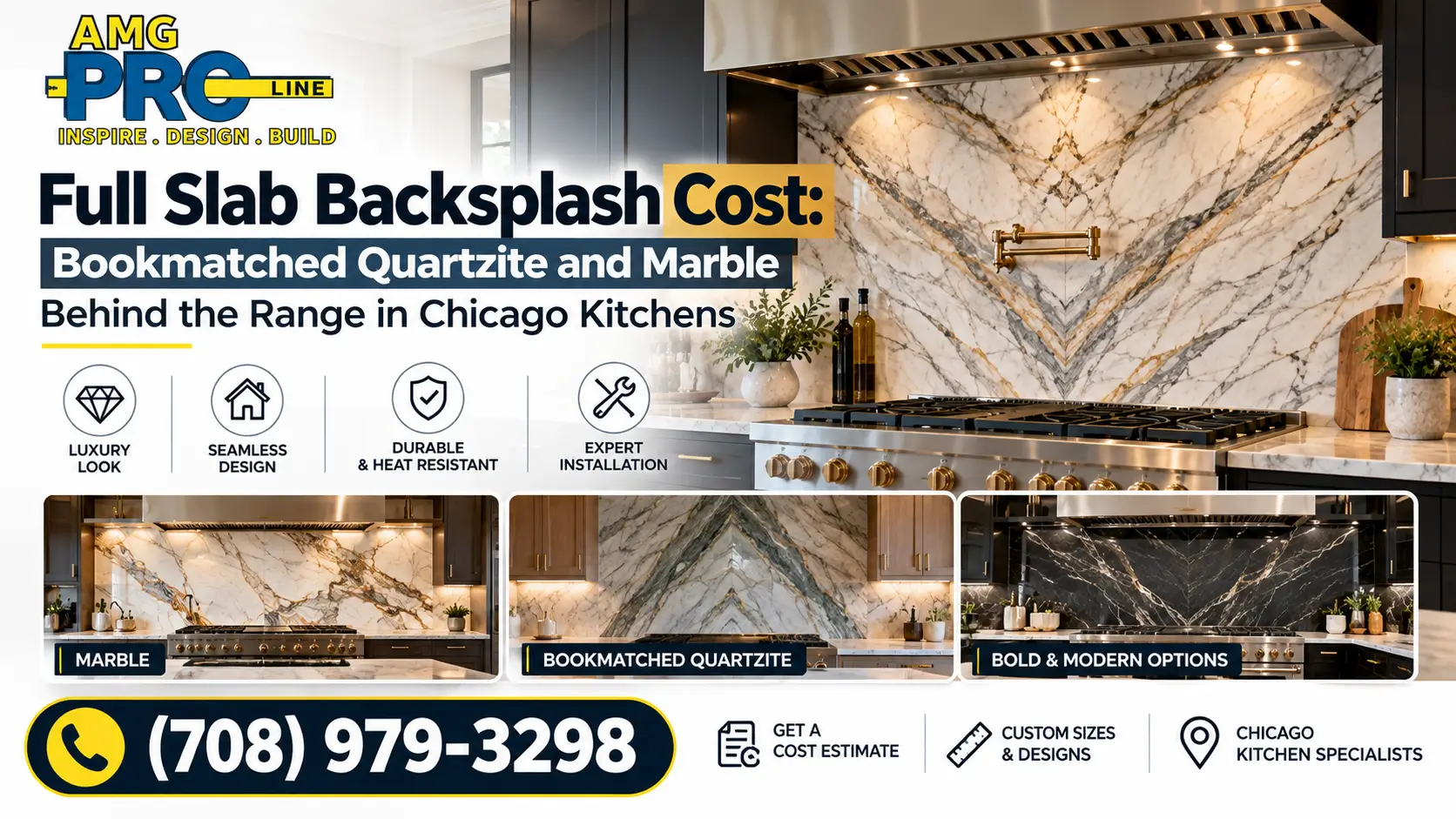 Full slab backsplash installation in a Chicago kitchen featuring bookmatched quartzite and marble behind the range. AMG Proline: (708) 979-3298.