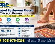 Heated bathroom floors in Chicago homes featuring radiant floor heating beneath tile, with information on installation costs, comfort benefits, energy efficiency, and long-term value from AMG Pro Line.