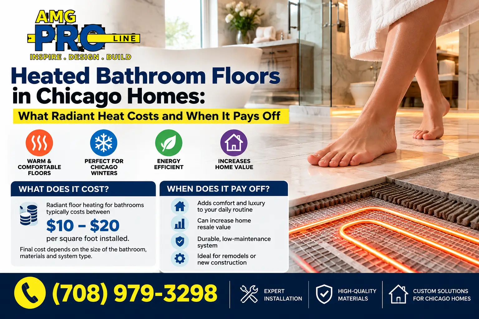 Heated bathroom floors in Chicago homes featuring radiant floor heating beneath tile, with information on installation costs, comfort benefits, energy efficiency, and long-term value from AMG Pro Line.