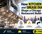 AMG ProLine restaurant build-out featuring a commercial kitchen exhaust hood and grease duct system, highlighting Chicago code requirements, fire safety, duct installation, permits, and inspections.