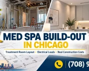 AMG Pro Line med spa build-out in Chicago featuring treatment room construction, electrical planning, architectural blueprints, and a finished spa interior. Call (708) 979-3298