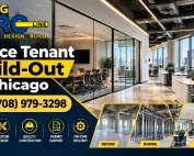 Office tenant build-out in Chicago by AMG PRO LINE, showcasing a modern commercial office with glass meeting rooms, open workstations, contemporary lighting, and professional construction finishes.