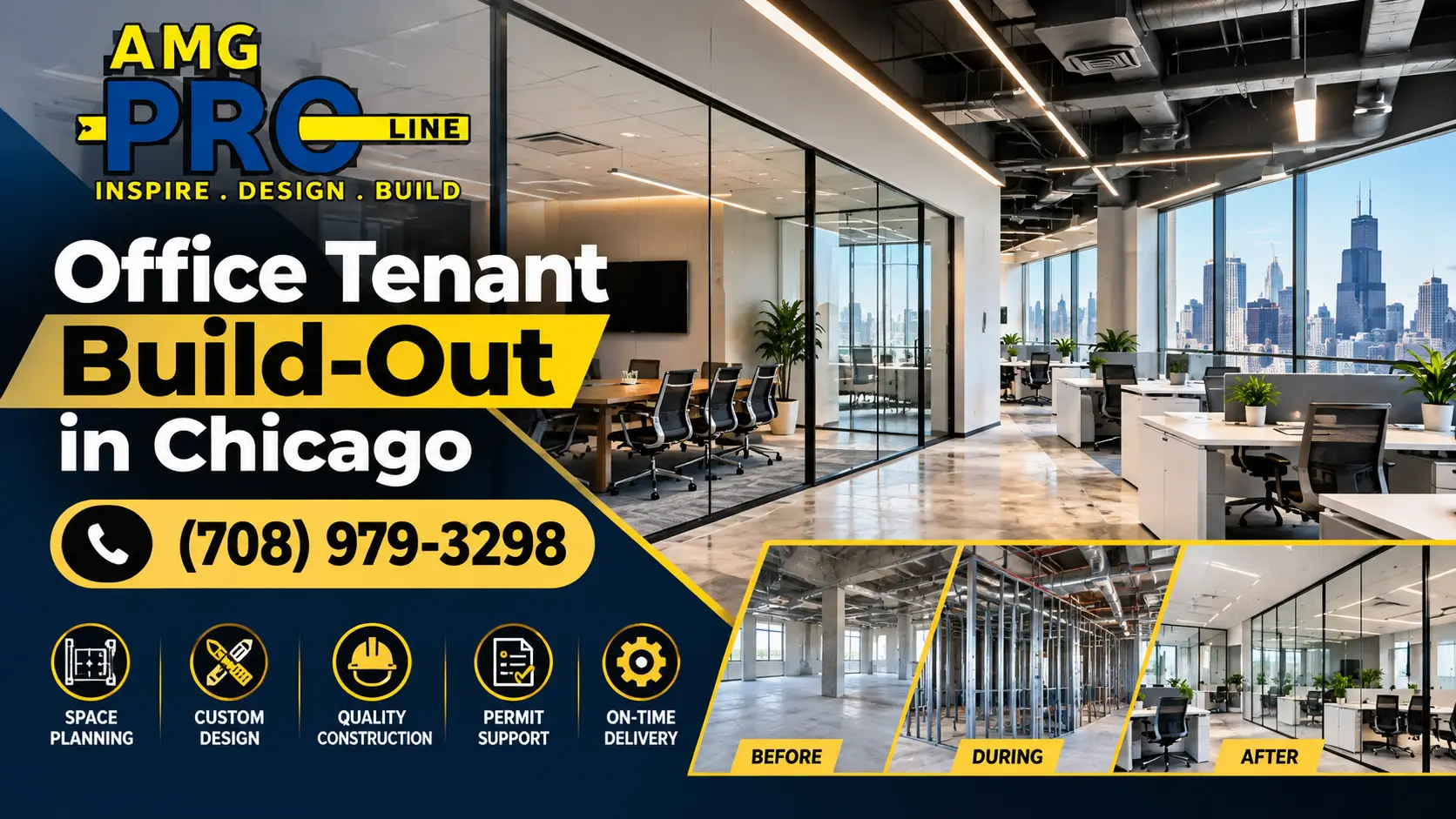 Office tenant build-out in Chicago by AMG PRO LINE, showcasing a modern commercial office with glass meeting rooms, open workstations, contemporary lighting, and professional construction finishes.
