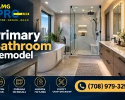 Luxury primary bathroom remodel featuring a freestanding bathtub, glass-enclosed shower, marble-look tile, and modern double vanity by AMG Pro Line.