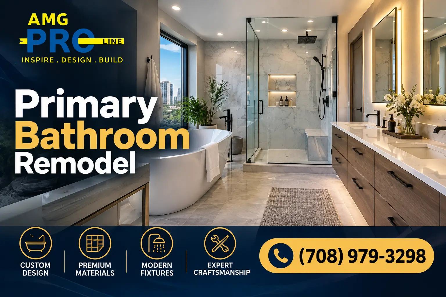 Luxury primary bathroom remodel featuring a freestanding bathtub, glass-enclosed shower, marble-look tile, and modern double vanity by AMG Pro Line.