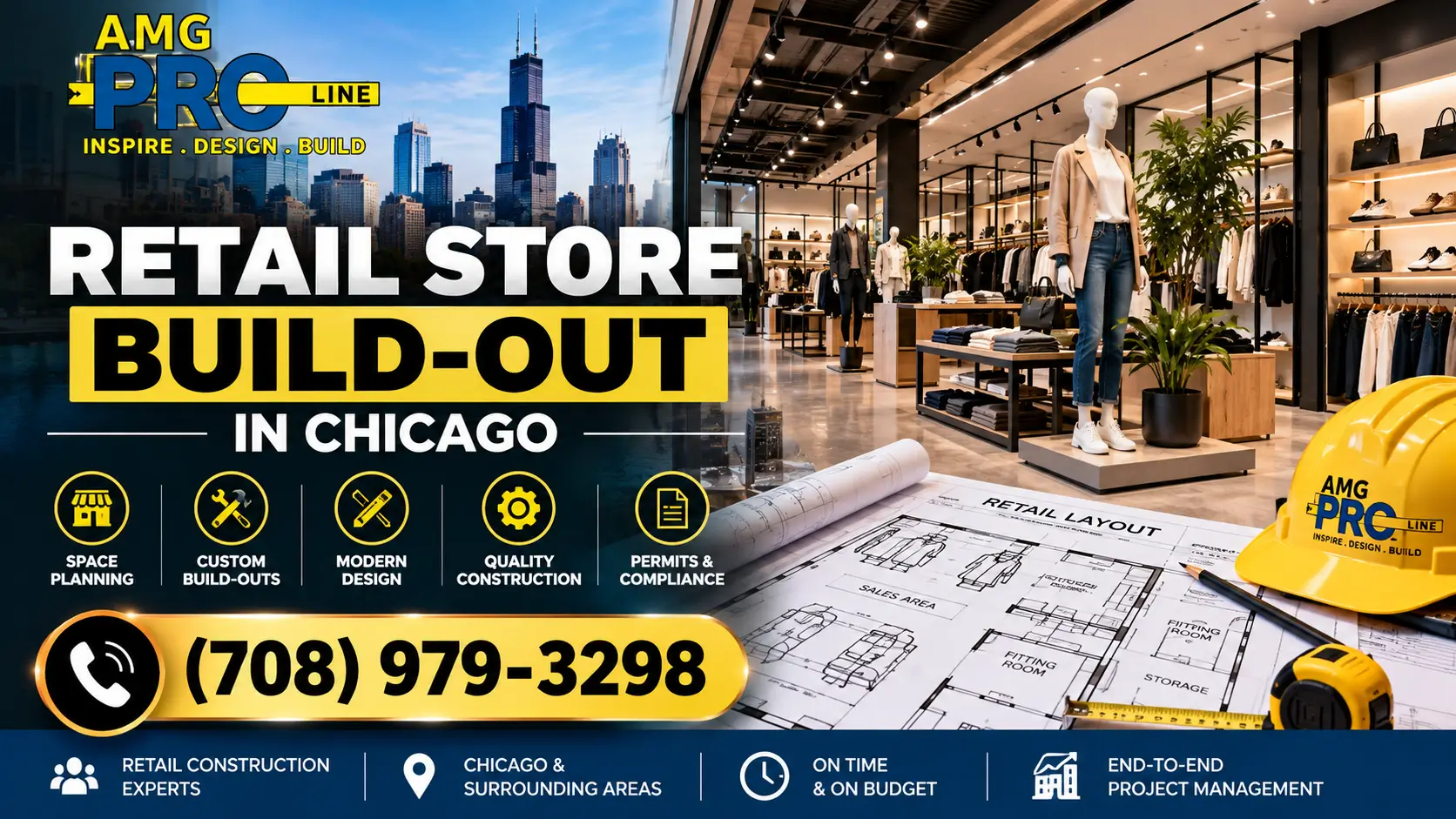 AMG Pro Line retail store build-out in Chicago featuring a modern boutique interior, retail layout plans, and commercial construction services.