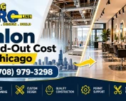 Salon build-out cost in Chicago by AMG PRO LINE, featuring a modern salon interior with styling stations, mirrors, professional lighting, and commercial renovation services.