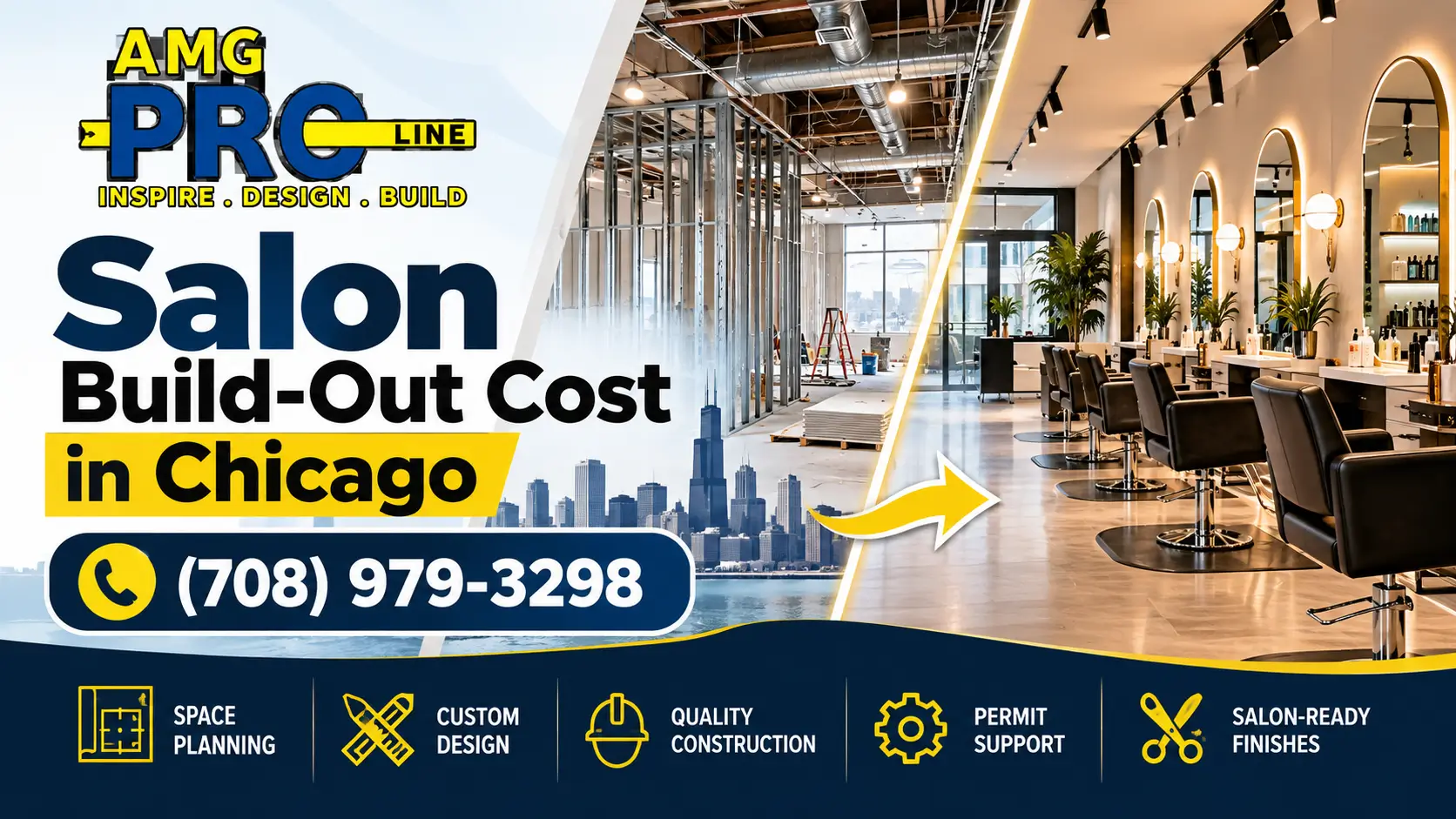 Salon build-out cost in Chicago by AMG PRO LINE, featuring a modern salon interior with styling stations, mirrors, professional lighting, and commercial renovation services.