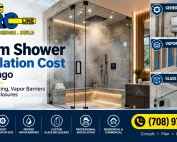 AMG ProLINE steam shower installation in Chicago featuring a luxury glass-enclosed steam shower, steam generator, waterproof vapor barrier system, and custom glass enclosures. Professional installation services for residential and commercial bathrooms. Call (708) 979-3298.