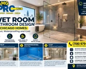 AMG PRO LINE wet room bathroom design in Chicago homes featuring a modern walk-in shower, glass enclosures, stone tiles, waterproofing solutions, and custom bathroom remodeling services.