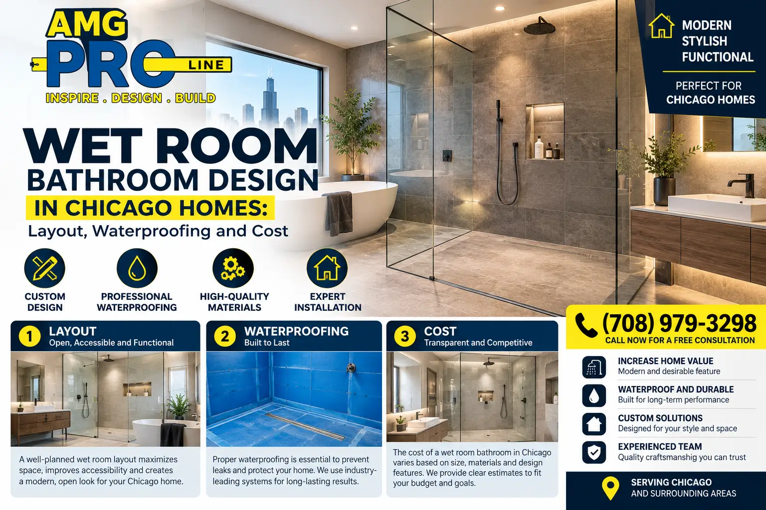 AMG PRO LINE wet room bathroom design in Chicago homes featuring a modern walk-in shower, glass enclosures, stone tiles, waterproofing solutions, and custom bathroom remodeling services.