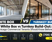 White Box vs Turnkey Build-Out for Chicago commercial tenants, featuring unfinished and completed office interiors with AMG ProLine branding.