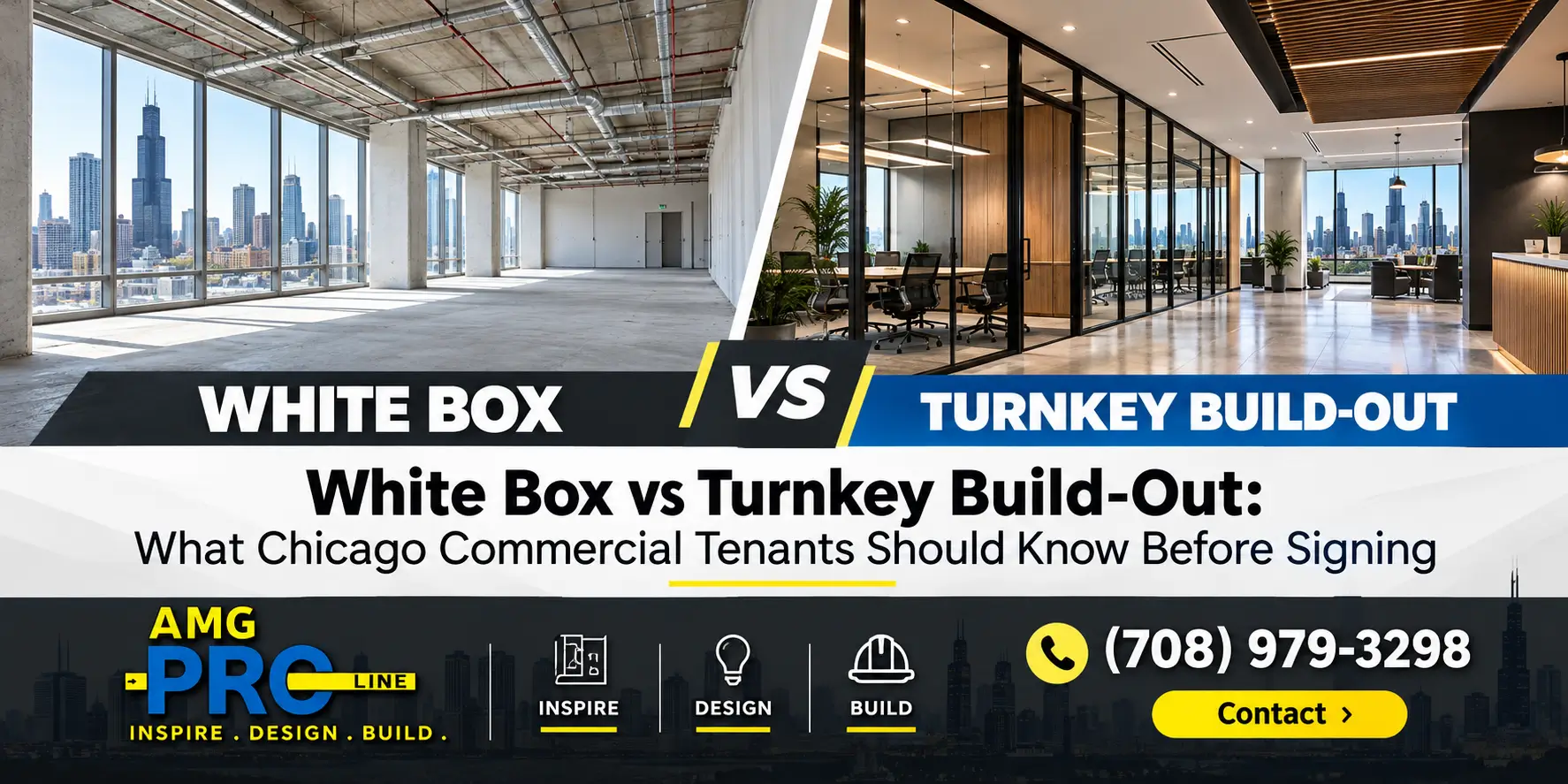White Box vs Turnkey Build-Out for Chicago commercial tenants, featuring unfinished and completed office interiors with AMG ProLine branding.