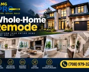 AMG Pro Line whole-home remodel featuring a modern luxury house exterior, renovated kitchen, elegant living room, remodeled bathroom, and staircase.
