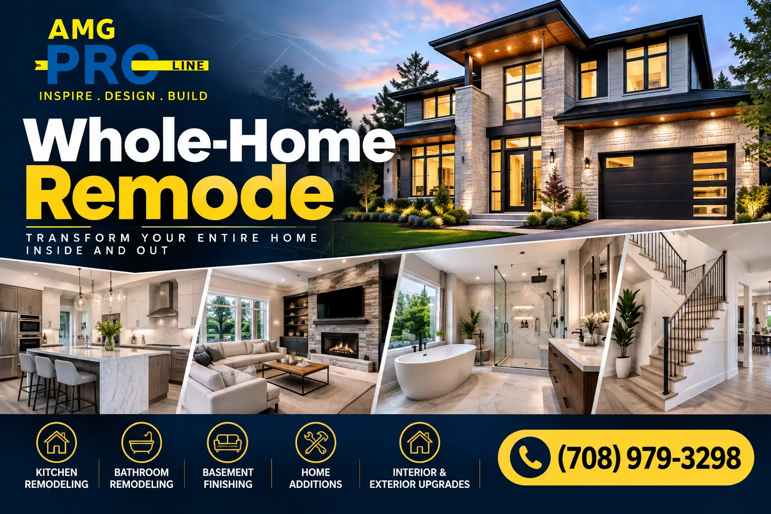 AMG Pro Line whole-home remodel featuring a modern luxury house exterior, renovated kitchen, elegant living room, remodeled bathroom, and staircase.