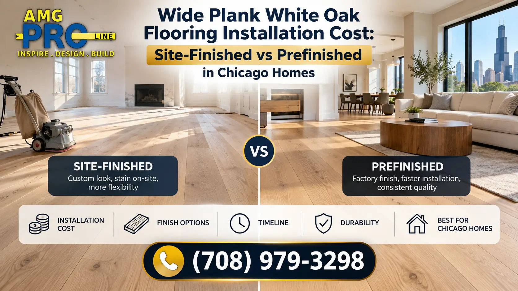 AMG Proline wide plank white oak flooring installation in Chicago homes, comparing site-finished and prefinished hardwood floors, with a focus on installation costs, finish options, durability, and project timelines. Call (708) 979-3298.
