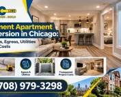 AMG PROLINE basement apartment conversion in Chicago, featuring a modern finished basement, ADU planning, egress windows, and utility upgrades.