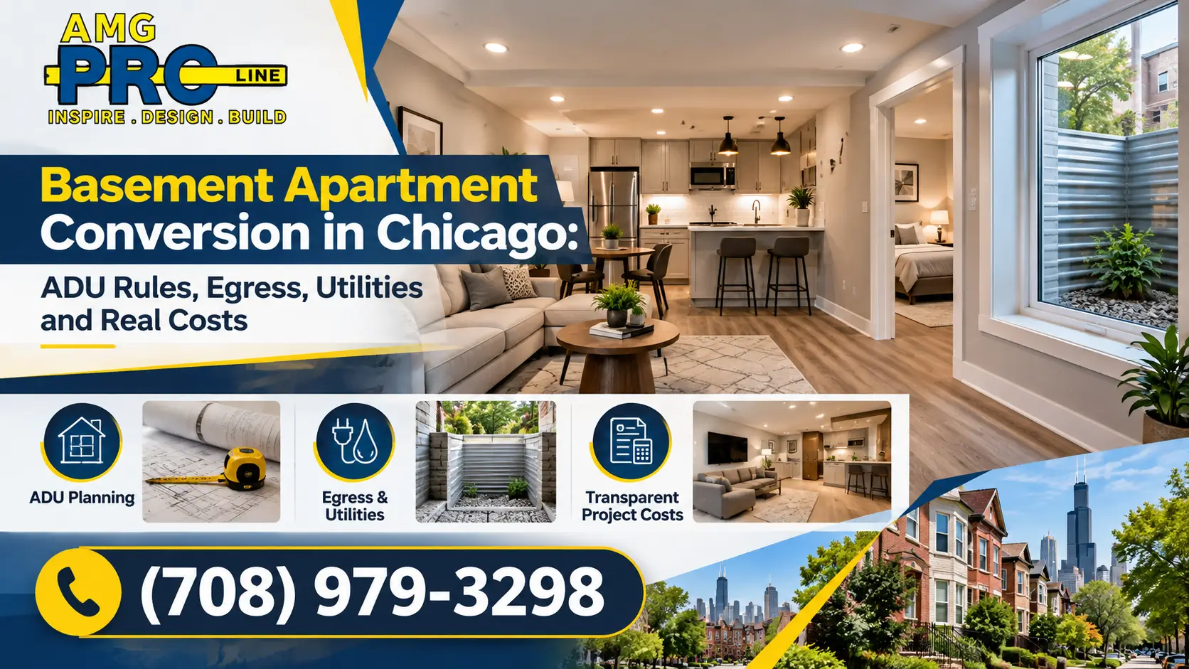 AMG PROLINE basement apartment conversion in Chicago, featuring a modern finished basement, ADU planning, egress windows, and utility upgrades.